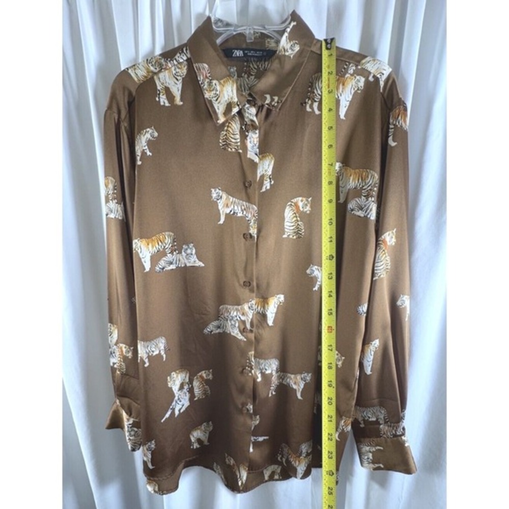 ZARA‎ Tiger Print Long Sleeve Button Down Shirt Women's L Brown Preppy  72-27 - Picture 10 of 15